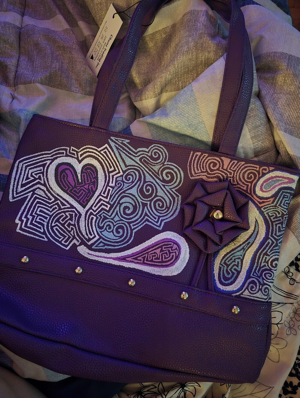 HANDCRAFTED Upcycled Purple Tote Bag HANDPAINTED Abstract Colorful Art On Purse